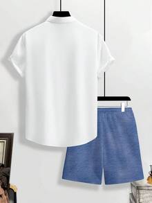 Manfinity Homme Men's  Print  2-Piece Outfit, Color Block Short Sleeve Shirt & Drawstring Shorts Set, Ideal For Beach, Resort, Vacation & Daily Wear, For Men, Teens - Multicolor - View 2