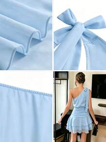 PariChic Vestido elegante y romántico de mujer con un hombro y lazo, cintura ajustada, vestido con volantes plisados en albaricoque y blanco, vestido corto, nuevo vestido de primavera/ - Azul - Ver 8