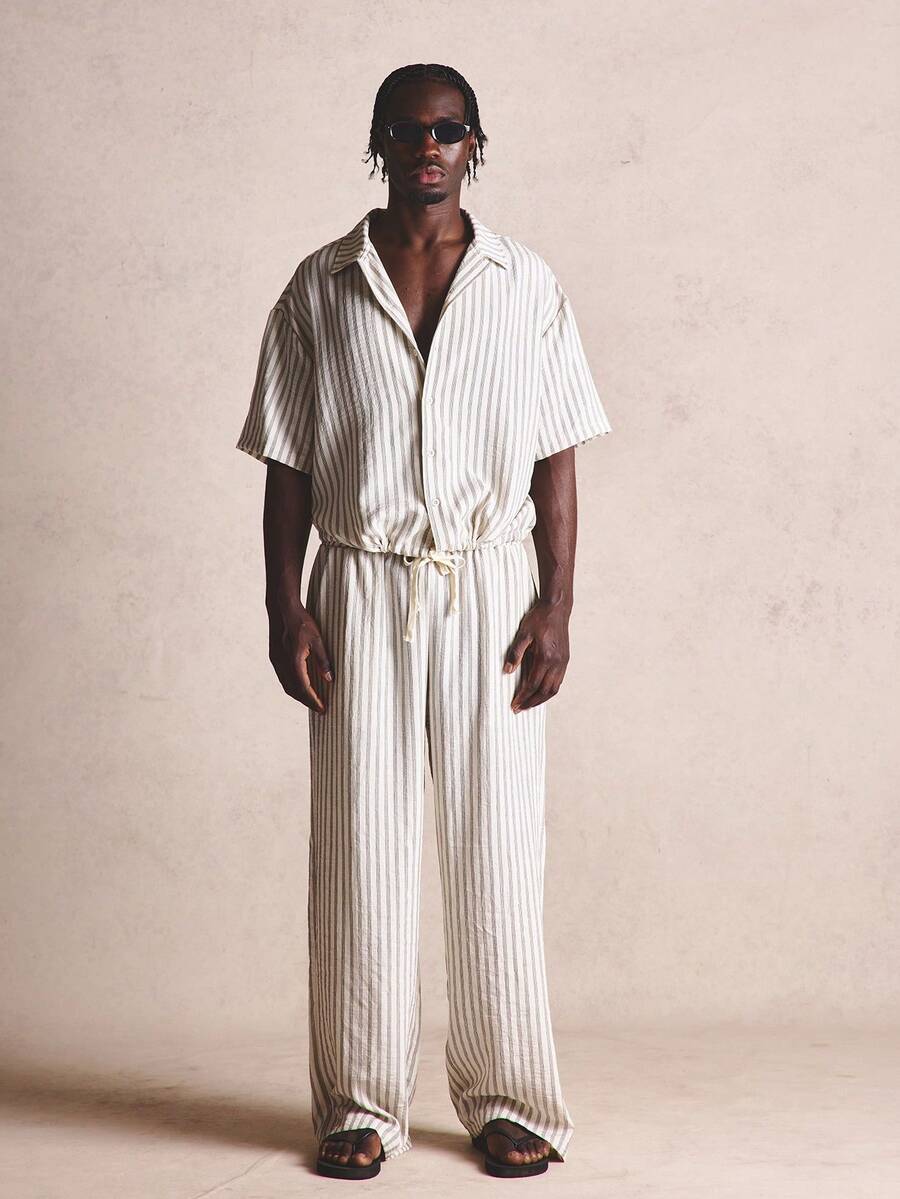 Musero Linen Boxy Oversized Striped Seam Button Up Shirt Spring Summer Essentials Co-Ord Shirt Only - Black and White - View 1
