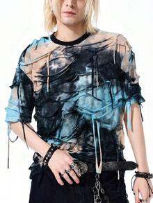 ROMWE MEN Street Life Men's Street Fashion Ripped Multicolor Short Sleeve T-Shirt - Multicolor - View 5