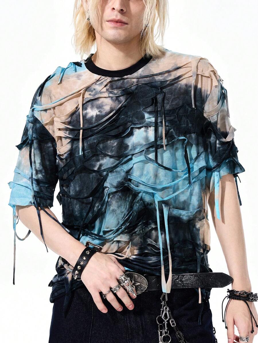 ROMWE MEN Street Life Men's Street Fashion Ripped Multicolor Short Sleeve T-Shirt - Multicolor - View 1