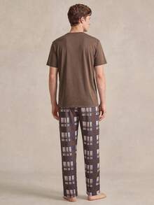 EverLounge Men's Solid Color Short Sleeve Top And Plaid Long Pants Loungewear Set - Coffee Brown - View 2