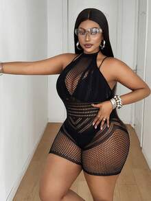 Maweii Plus Size Women's Mesh Sexy Casual Outing Romper Shorts - Black - View 2