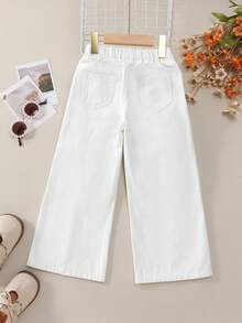SHEIN Elladie kids 少女休閒波希米亞度假風紙袋腰平口袋寬腿牛仔褲，女孩日常穿搭OOTD - 白色 - 查看 2