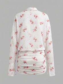 Cévolie Gaun Mini Kemeja Wanita Lengan Panjang Bahu Jatuh dengan Motif Bunga dan Detail Kerut - MultiWarna - View 2