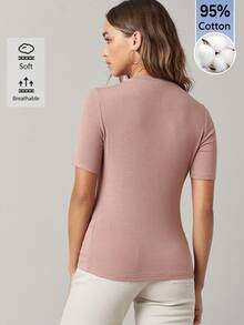SHEIN BASICS 女款素色圓領修身顯瘦日常百搭短袖T恤 - 淺粉色 - 查看 5