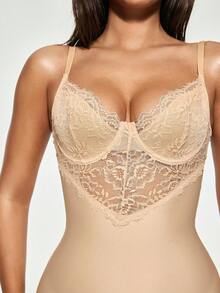 SHAPORA Contrast Lace Shapewear Bodysuit - Camel - View 7