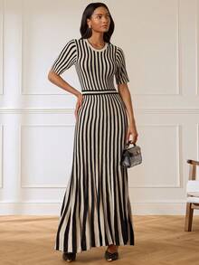 Lilora Women's Elegant Round Neck Striped Knit Dress, High-End Fashion Versatile Elegant Dress, Suitable For Commuting, Daily Casual Outings, Gatherings, Dates, Parties, Leisure, Outings, Holidays, Vacations, Summer, Holiday Travel - Black and White - View 3