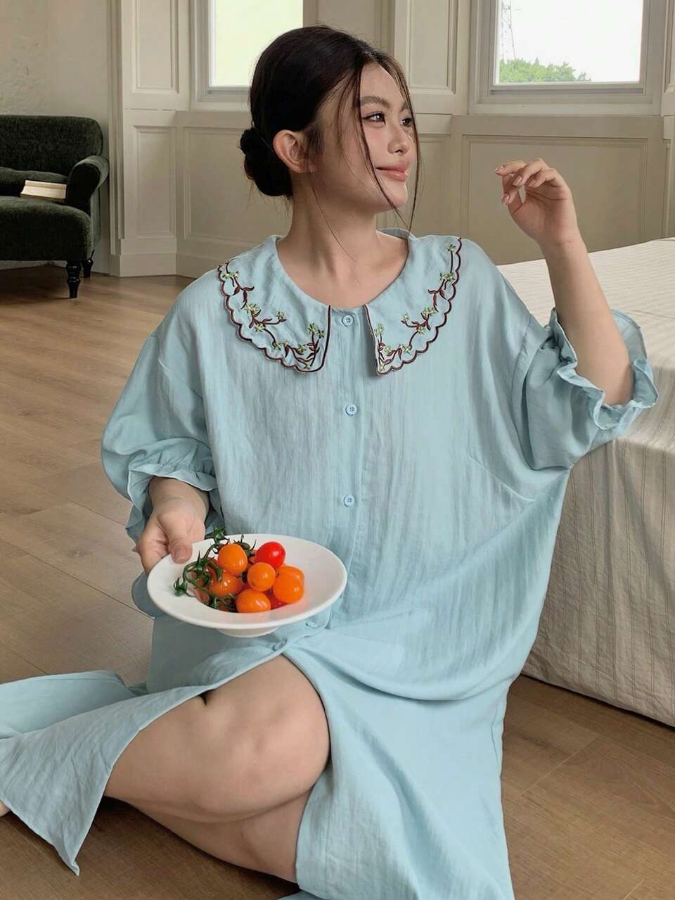 Dazy Plus Cute Peter Pan Collar Embroidered Floral Pattern Loose Flare Sleeve Half Sleeve Long Maxi Plus Size Women's Spring Summer Loungewear Long Nightgown