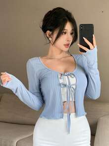 DAZY 夏秋藍色開襟衫 婚禮宴會舞會適用 修身優雅綁帶領 T恤長袖女上衣 - 藍色 - 查看 7