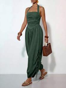 Zivah Jumpsuit Wanita Warna Polos untuk Liburan, Model Liburan, dengan Lipit di Bagian Bawah, Tali Serut, dan Leher Halter. - Hijau Tentara - View 8