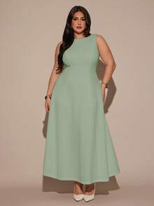 SHEIN BAE Plus Size Women's Summer Full Flare Boat Neck Elegant Long Sleeveless Dress Wedding Guest Sage Green - Mint Green - View 3