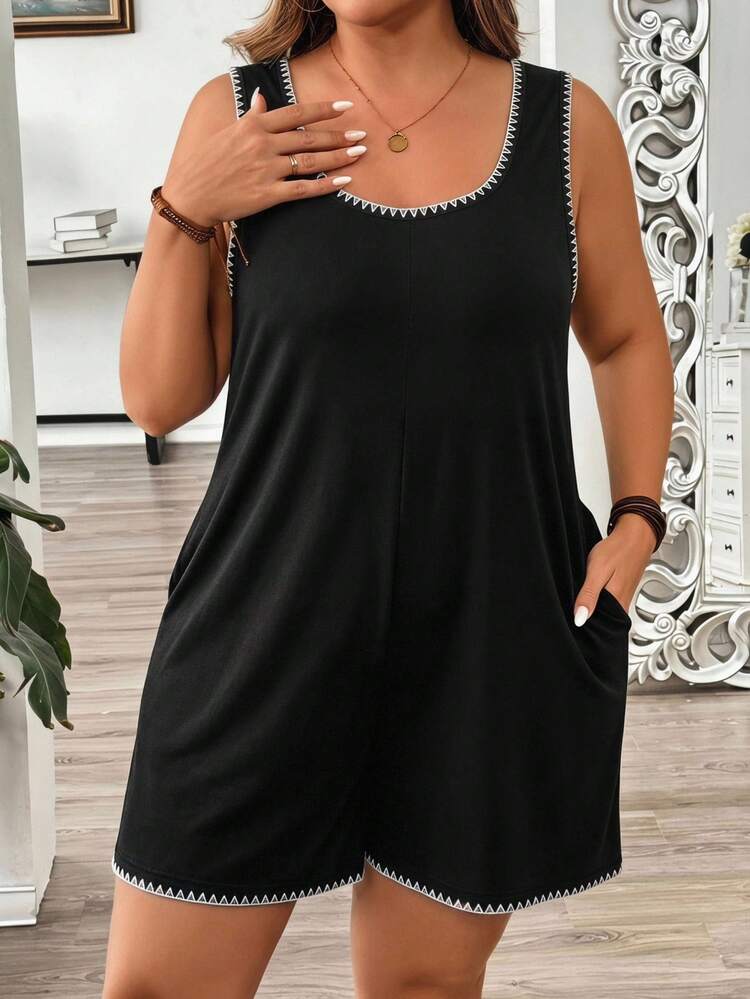 Comfylo Casual Shell Flower Contrast Craft Plus Size Women's Square Neck Tank Top Jumpsuit Suitable For Summer, Black Jumpsuit - Black - View 3