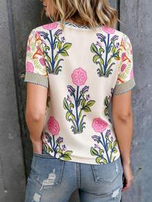 EMERY ROSE CURVE 大尺碼女款V領花卉印花休閒柔軟修身百搭日常正式辦公外出T恤 米色夏季 - 白色 - 查看 2
