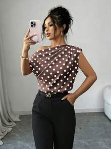 SHEIN Elenzya 圓點不對稱肩無袖女款上衣，優雅通勤襯衫 - 棕色 - 查看 6