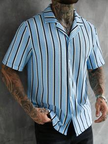 SLATEMANN 男士米色夏季休閒條紋襯衫，鈕扣式短袖紋理襯衫，適合度假與假期 - 彩色 - 查看 4