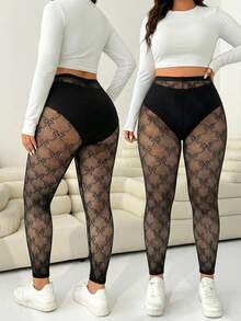 Solflare Plus Size Women's Bow Pattern Mesh Leggings - Black - View 3