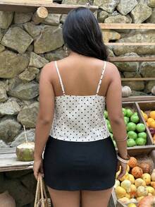 SHEIN Tall CURVE 大码女士复古优雅波点撞色蕾丝修身吊带背心，适合夏季度假 - 黑與白 - 查看 6