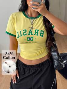 Coolane 女款大尺碼春夏街頭風酷感籃球球衣設計字母印花黃色上衣 巴西款 - 黃色 - 查看 4