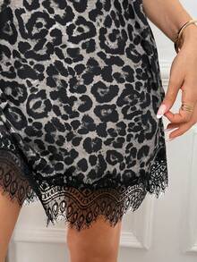 Easowa Women's Leopard Print Contrast Lace Hem Short Sleeve Loose Short Dress - Grey - View 6
