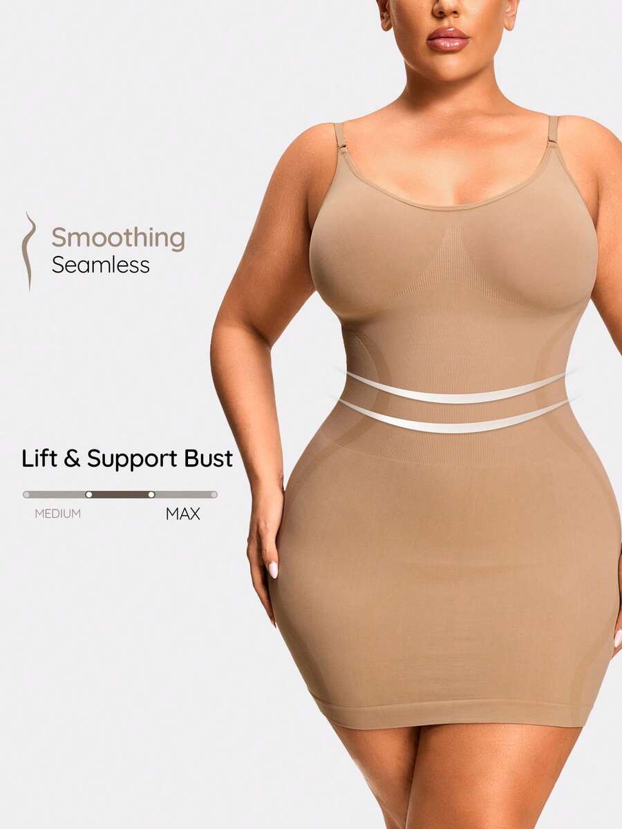 SHAPORA Đầm bodycon liền thân màu trơn cỡ lớn - Màu be - Xem 1