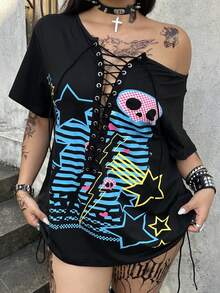 Whyspr Plus Size Black American Retro Dark Style Asymmetric Shoulder Print Lace-Up Deep V-Neck T-Shirt, Hot Girl Loose Slimming Mid-Length Top With Print And Eyelet Webbing Decor, Plus Size Asymmetric Shoulder Short Sleeve T-Shirt, Street Dark Style Plus Size Black Summer Short Sleeve Top - Black - View 8