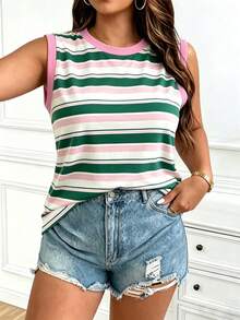 EMERY ROSE Women's Casual Plus Size Sleeveless Round Neck Color Block Striped Wide Shoulder Vest - Multicolor - View 3