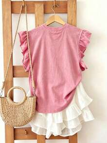 Resyla Shiny Rhinestone Embellished Fashionable Minimalist 100% Cotton Women's Ruffle Cuff Round Neck T-Shirt, Gift For Friends - Pink - View 2
