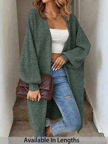 SHEIN Tall CURVE Plus Size Drop Shoulder Ribbed Knit Duster Cardigan,Long Sleeve Tops Long Cardigan For Women Plus Size Cardigan Curve Cardigan Tall Curve Cardigan In Fall/Winter - Green - View 2