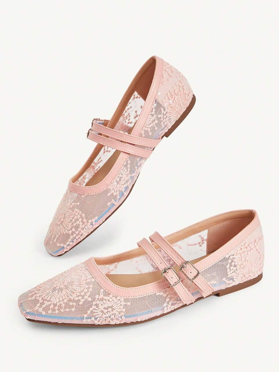 CUCCOO CHICEST Women Shoes Square Toe Flat Bottom Pink Lace Mesh Fabric Stylish, Simple, Comfortable And Breathable Double Strip With Women's Flat Sole Shoes Elegant, Simple, Comfortable And Light To Wear Flat Sole Women's Shoes