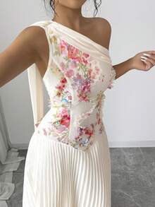 Modelyn Elegant Off-Shoulder Tie Waist Dress,3D Floral Mesh Fabric Asymmetric Ruffle HemDress,Beige,Garden Party Vacation Dinner Date Graduation Summer - Apricot - View 9