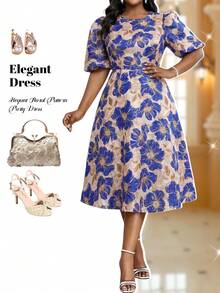 Fleurora Plus Size Elegant Blue Floral Jacquard Dress For Women,Beige Summer Wedding Guest Party Brocade Petal Puff Sleeve French Style Tea Dress - Multicolor - View 1