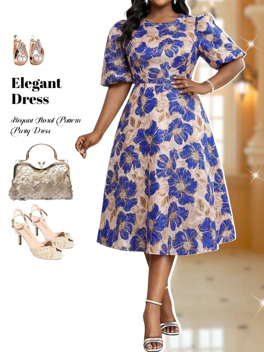 Fleurora Plus Size Elegant Blue Floral Jacquard Dress For Women,Beige Summer Wedding Guest Party Brocade Petal Puff Sleeve French Style Tea Dress - Multicolor - View 1