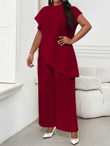 SHEIN Lady 2025 New Plus Size Women Solid Claret Metallic Round Neck Loose Asymmetric Hem Elegant Claret Blouse, Valentine's Day New Year Party Going Out - Burgundy - View 5