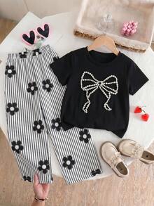 SHEIN Genkimix Kids 少女仿珍珠蝴蝶結裝飾短袖T恤與長褲休閒兩件套 - 黑與白 - 查看 3