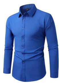 Manfinity Mode Camisa casual de manga larga de un solo pecho de unicolor para hombre, ceremonia - Neblina azul - Ver 5
