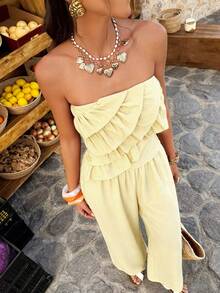 Flora Isola Flora Isola Standard Size Women's Spring/Summer Strapless Ruffled Top And Slim Fit Trousers Casual Vacation Set - Light Yellow - View 7
