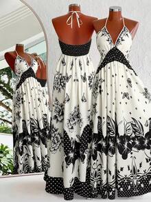 Sweetra Bohemian Style Printed Beach Slip Dress - Black and White - View 2
