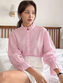 DAZY Women's Casual Commuter Striped Shirt - Pink - View 6
