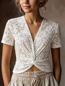 SHEIN Women's Elegant Sophisticated Light Gray Floral Print Twist-Front Top For Women With V-Neck And Short Sleeves,Featuring Digital Floral Print,Holiday - Apricot - View 7