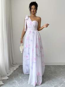 SHEIN Elenzya Urban Fashion Elegant Vacation New Women's Spring/Summer Pink Decorative Textured Fabric Short Sleeve Dress Suitable For Daily Wear, Wedding, Evening Party, Daily Commute, Graduation Party, Holiday Events, Vacation, Dating, Party, Halloween, Christmas, New Year, Thanksgiving, Wedding Women's Digital Print Dress - Pink - View 5