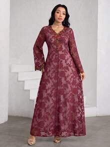 Al Najma 女款V領刺繡蕾絲粉色長袖優雅時尚喇叭袖花卉洋裝 - 酒紅色 - 查看 7