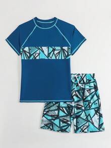 Boys Two Pieces Rash Guard Swimsuits Teen Boy Vacation Short Sleeve Sunsuit Swimwear Sets 12-16Y - Mint Blue - View 7