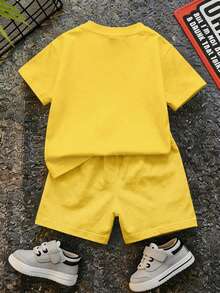 SHEIN | PAW Patrol 小男孩圓領字母卡通圖案短袖T恤與短褲休閒日常套裝 - 彩色 - 查看 3
