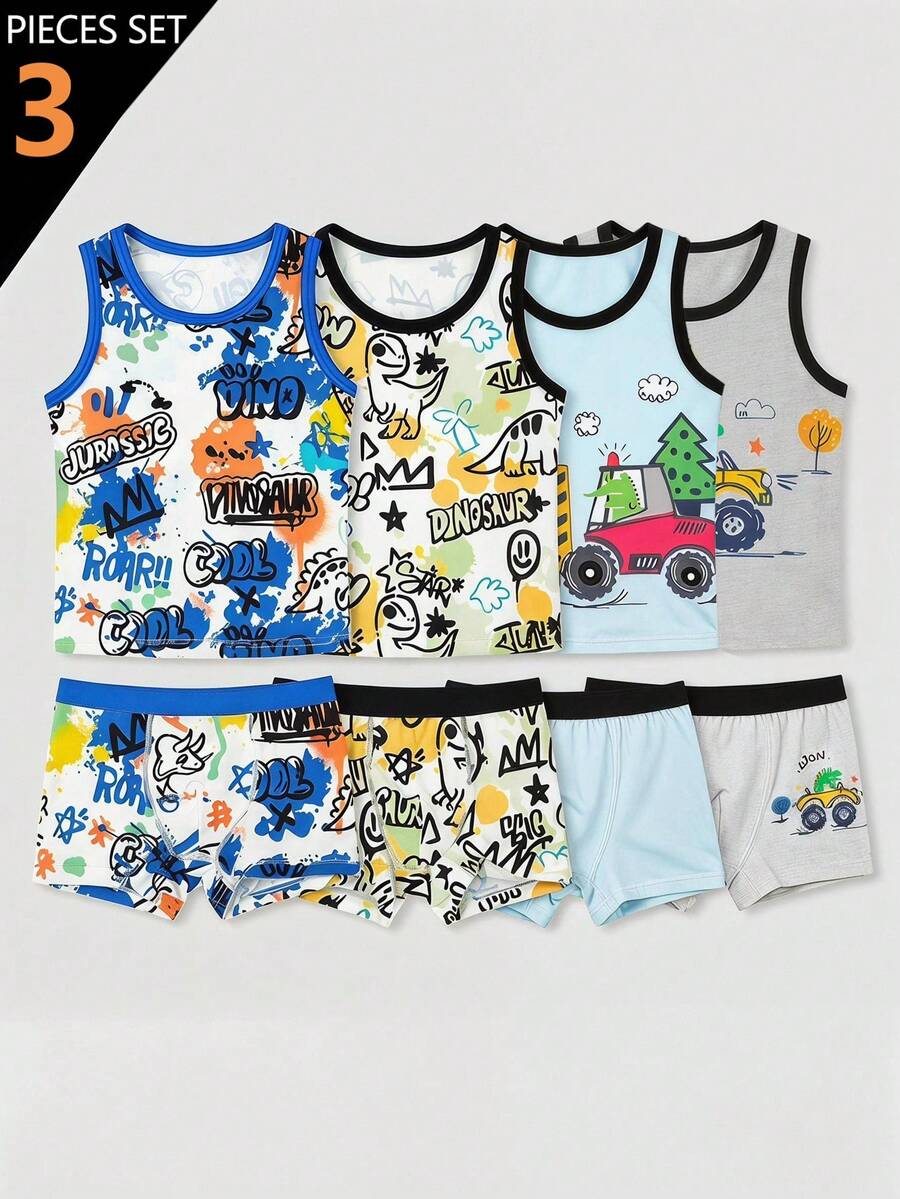 SHEIN 6件組男童幼兒休閒內衣,印有動作英雄漫畫角色圖案,藍、白、黑、紅鮮豔配色搭配對比紅邊,打造時尚夏季造型,採用親膚光滑材質,輕量舒適,適合日常穿著,包含背心與四角內褲 - 彩色 - 查看 1