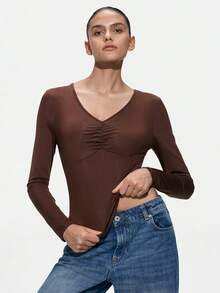SHAPORA Pijama superior de mujer de unicolor con cuello en V, manga larga y fruncido - Café integral - Ver 1