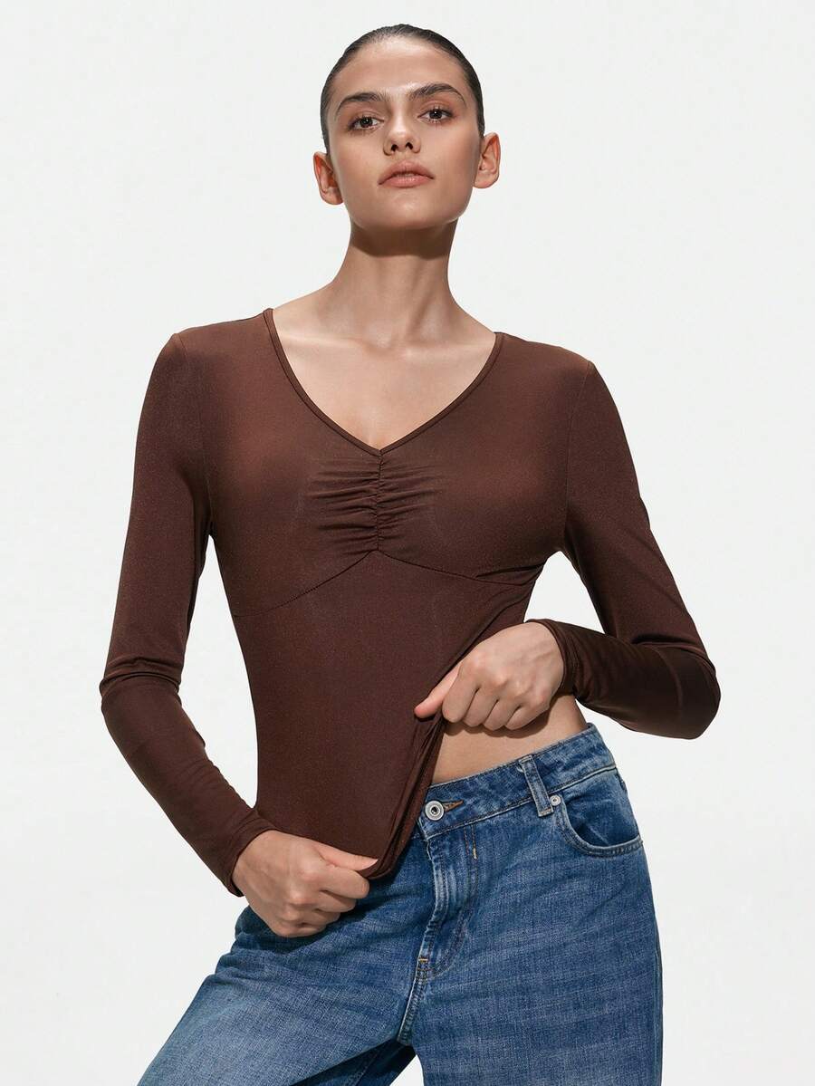 SHAPORA Pijama superior de mujer de unicolor con cuello en V, manga larga y fruncido - Café integral - Ver 1