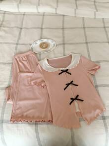 DAZY Women's Bow Decor Short Sleeve Top And Pants Pajama Set - Pink - View 9