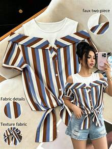 SHEIN Raffinéa Women's New Round Neck Knit Patchwork Plaid 2 In 1 Hem Tie Casual Elegant Blouse, Spring/Summer - Multicolor - View 1