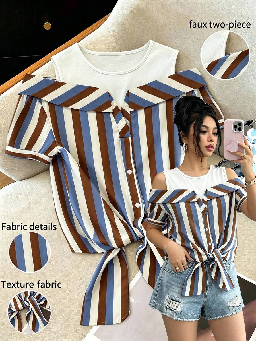 SHEIN Raffinéa Women's New Round Neck Knit Patchwork Plaid 2 In 1 Hem Tie Casual Elegant Blouse, Spring/Summer - Multicolor - View 1